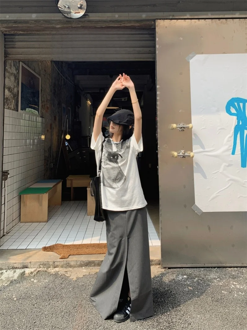 

Модный комплект: футболка с коротким рукавом в стиле Lazy Style и юбка с высокой талией и разрезом, летний повседневный свободный крой