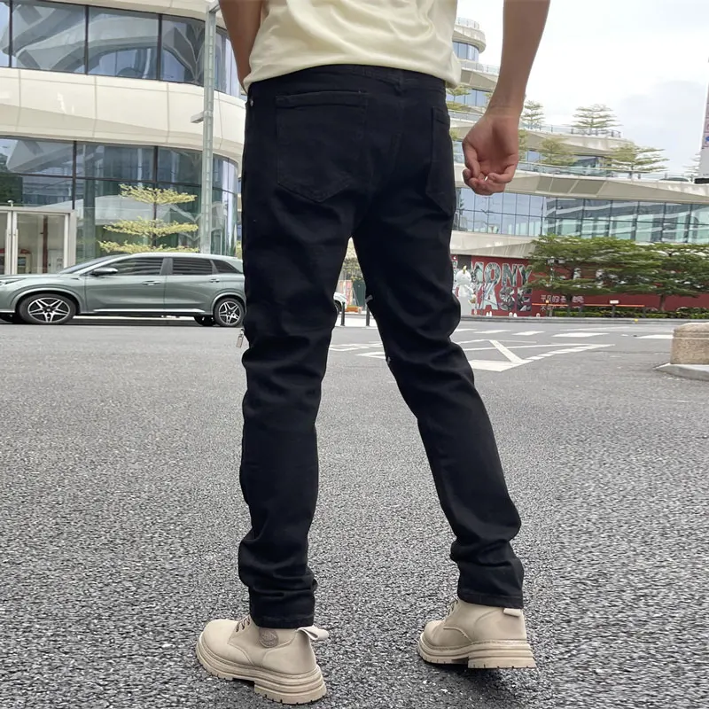 Black Men Slim Fit Jeans Contrast Line Patchwork Stretch Skinny DenimY2K