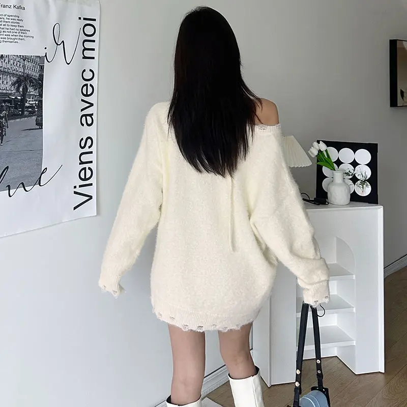 Sweater Bow Print Slant Collar Cross Design Oversized Sweater White Cute Korean Style Y2K Loose Knitted Pullovers Fall Winter image 5
