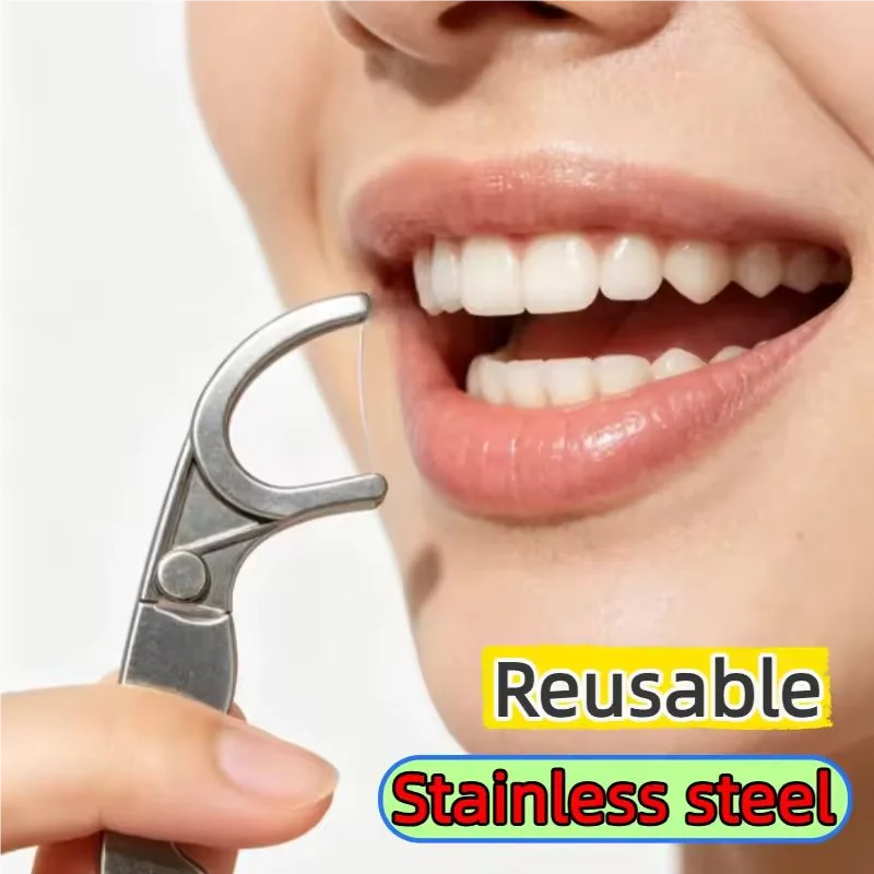1Pc Stainless Steel Toothpick Dental Floss, With 50M of Dental Floss, Reusable Flossing Holder Set Eco-Friendly Teeth Cleaning T