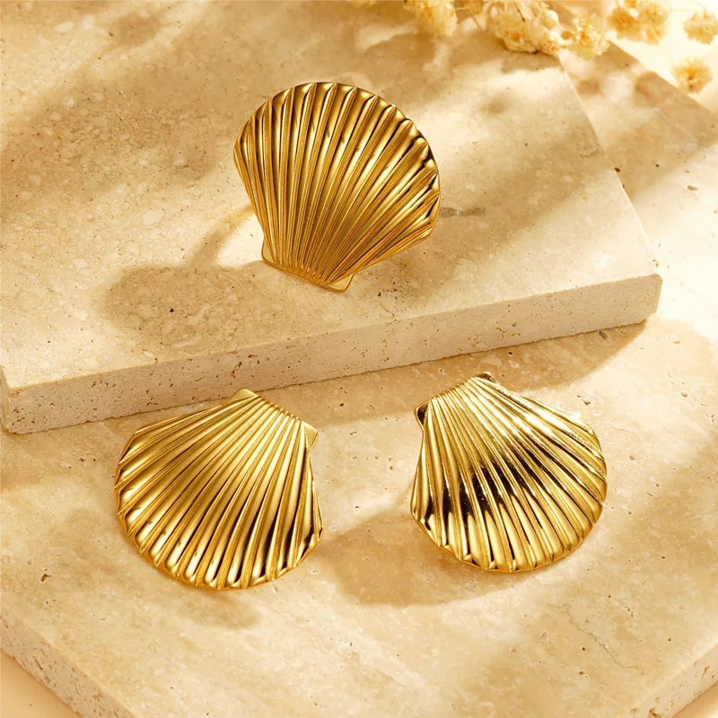 Stainless Steel Gold Plated Shell Earrings Ring For Women Trendy Fashion Jewelry Set Summer Beach Party Gifts Wholesale