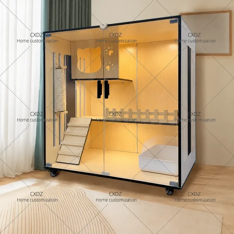 Solid Wood Cat Cage Villa Indoor Waterproof Glass Enclosed Pet House Oversized Cabinet Nest for Cats Household Furniture