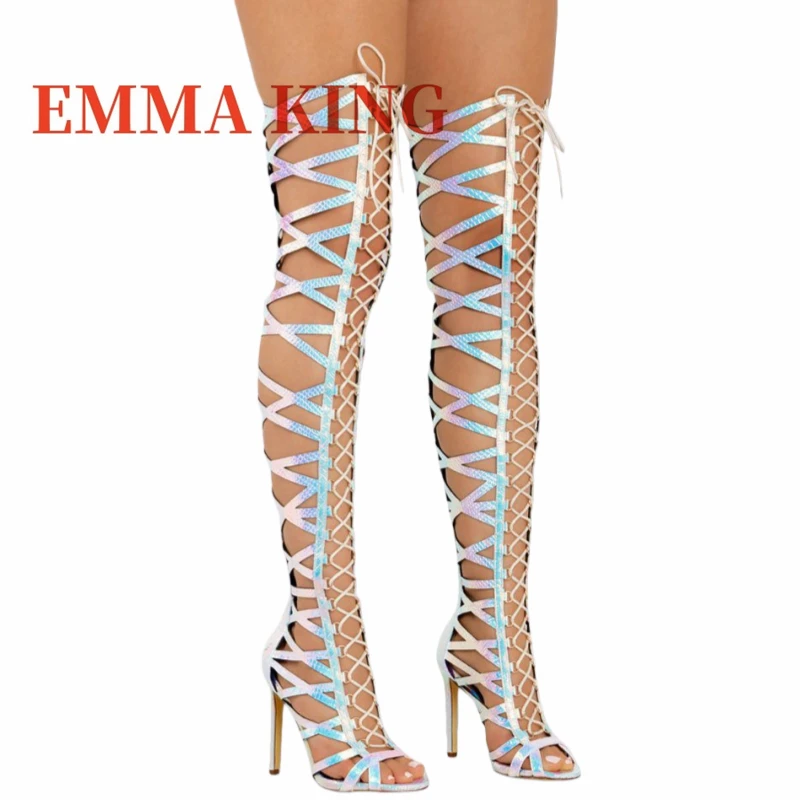 2025 عبر تعادل فوق الركبة صنادل طراز جلاديتور طويلة للنساء أحذية الصيف المفتوحة تو انقطاع مثير عالية الكعب أحذية صناديل للنساء