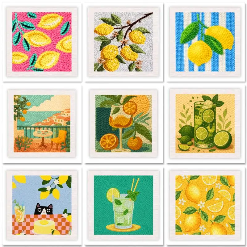 Lemon Pattern Punch Needle Embroidery Starter Kits With Frame For Beginner 25x25cm Handicrafts Poking Embroidery Yarn Painting