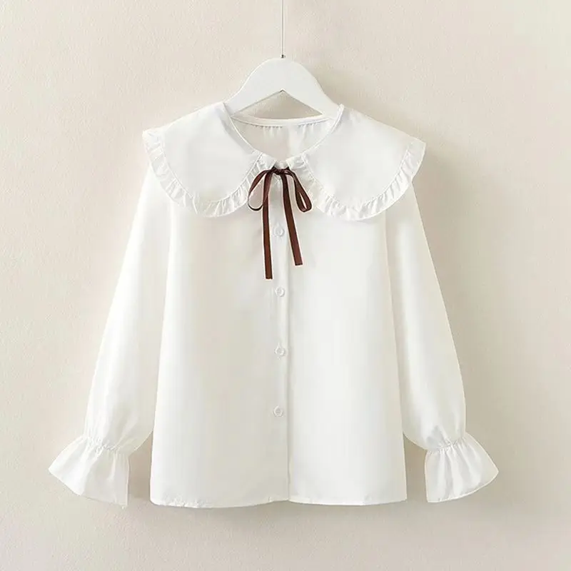 Girls\' Spring Autumn Blouse New Korean Style Fashionable Long Sleeve White Shirt Children\'s Lace Peter Pan Collar Bottoming Shir