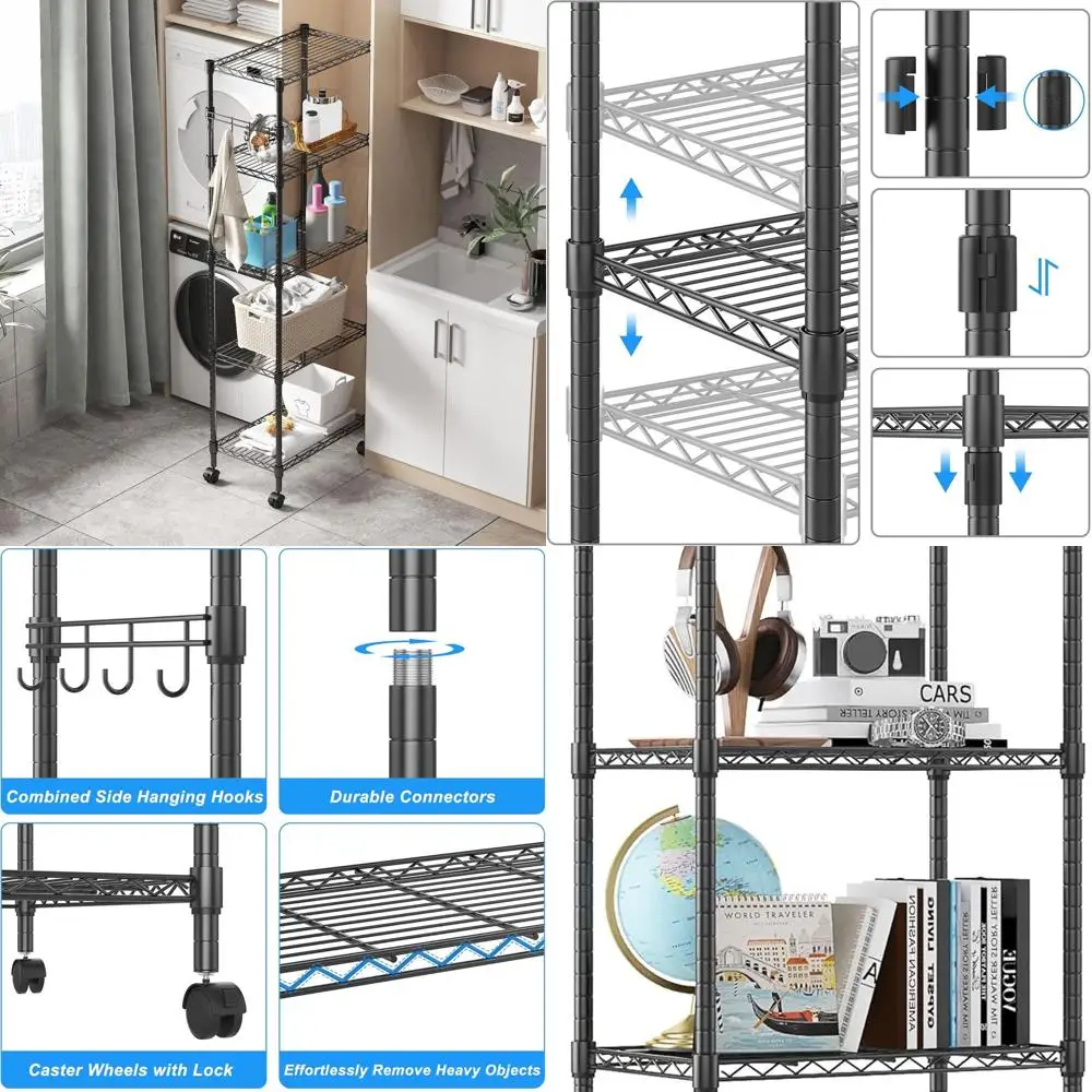 

Heavy-Duty Adjustable Rolling Shelves with Side Hooks for Home and Garage Organization - Black