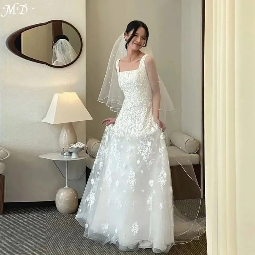 MD 2026 Elegante Brautkleider mit Blumenapplikationen, breiten Spaghettiträgern, Ballkleider, koreanische Brautkleider für Fotoshootings, individuell anpassbar