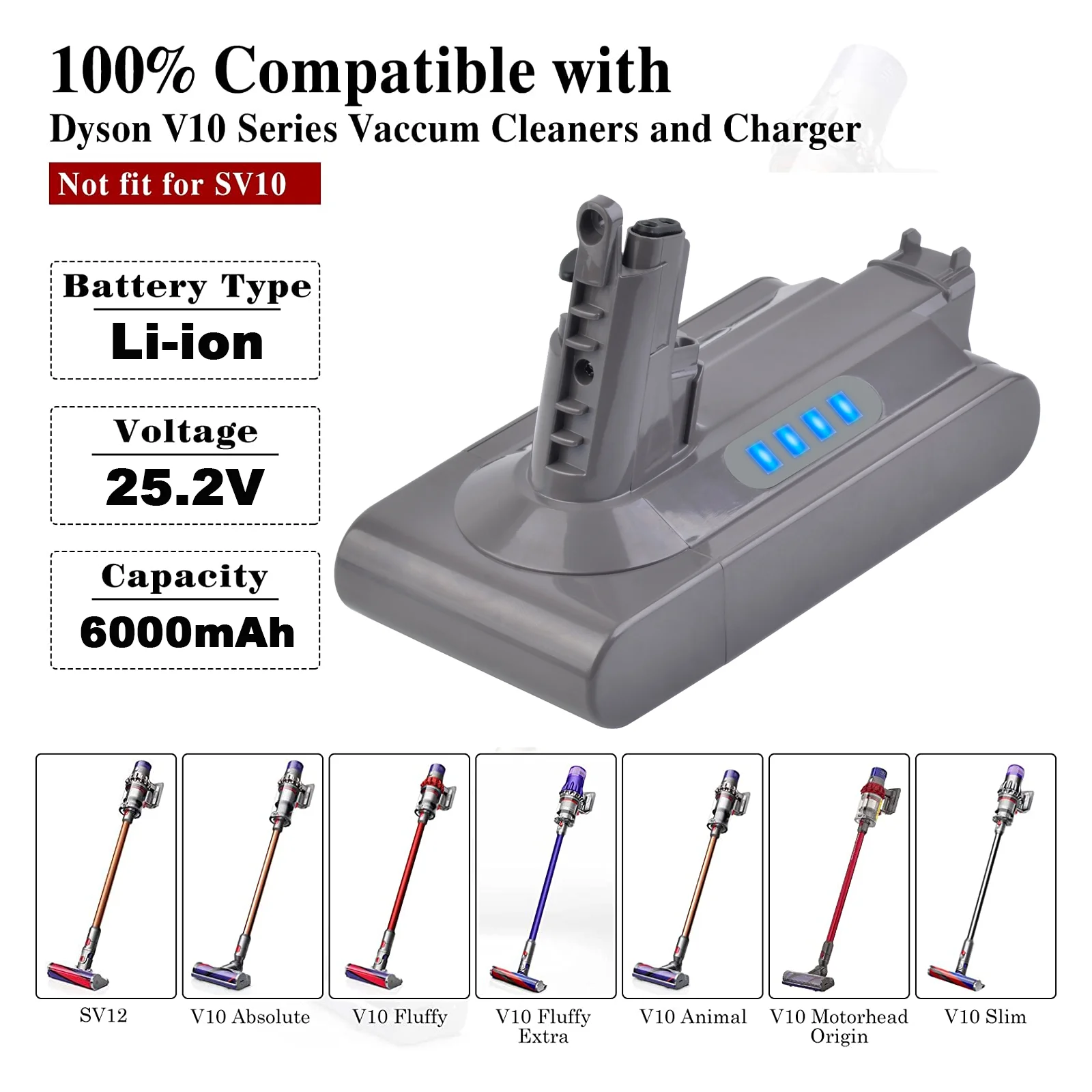 6000mAh Battery and Charger for Dyson V10 Animal V10 Absolute V10 SV12 Motorhead Cordless Vacuum Cleaner(Not Fit SV10)