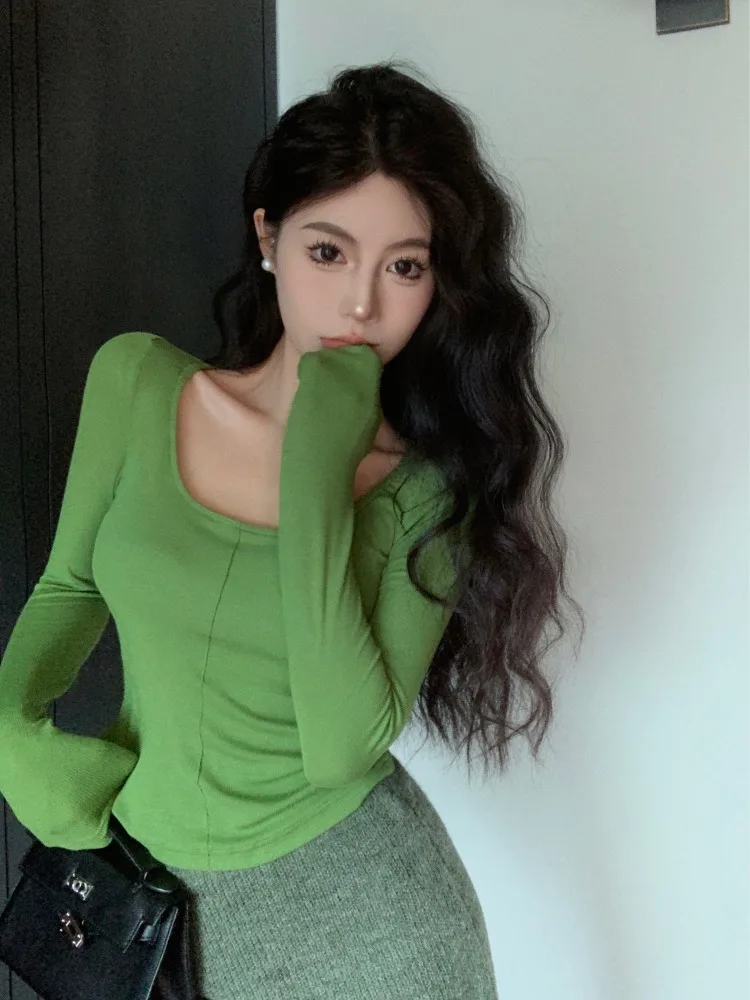 

Elegant Slim Fit Long Sleeve T-Shirt Women's Sexy Clavicle Base Shirt Pure Desire Fashionable Top Korean Style Commute