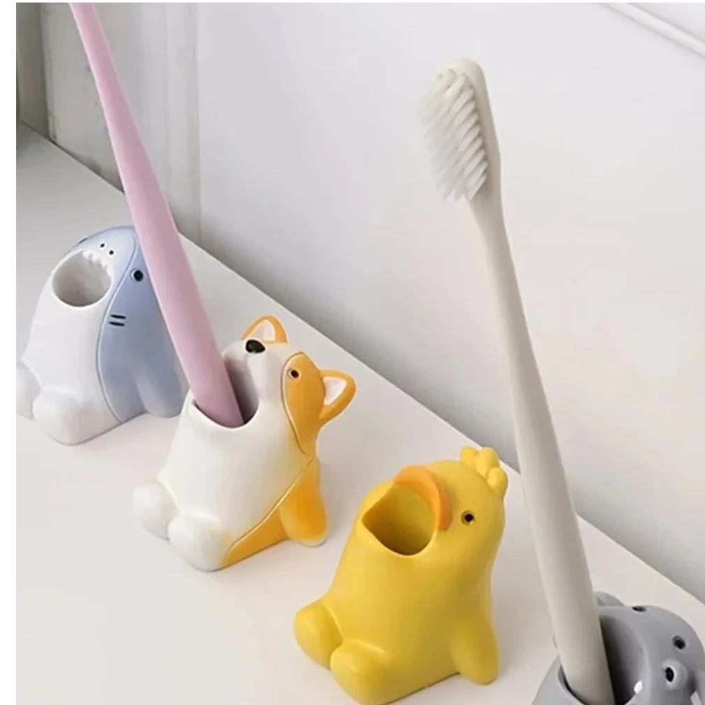 Cartoon Animal Toothbrush Holder Cute Corgi Shark Storage Stand Makeup Brush Stationery Countertop Organizer Bathroom Decoration