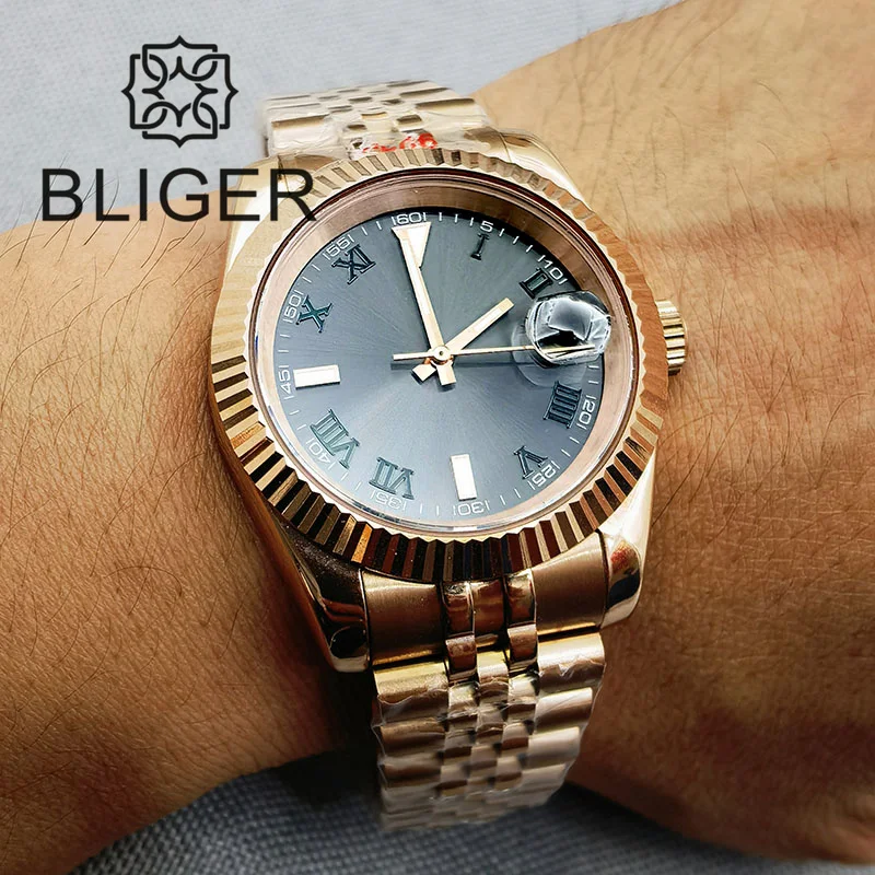 BLIGER 36mm 39mm NH35A Gray Dial Green Roman Index Automatic Mens Watch Sapphire Glass Rose Gold Fluted Bezel Steel Strap Date