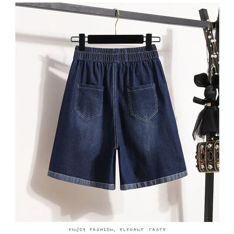 レディース ダークウォッシュ デニム ショートパンツ ウエストゴム 花柄 バスケット刺繍 カジュアル デイリー サマーショートパンツ