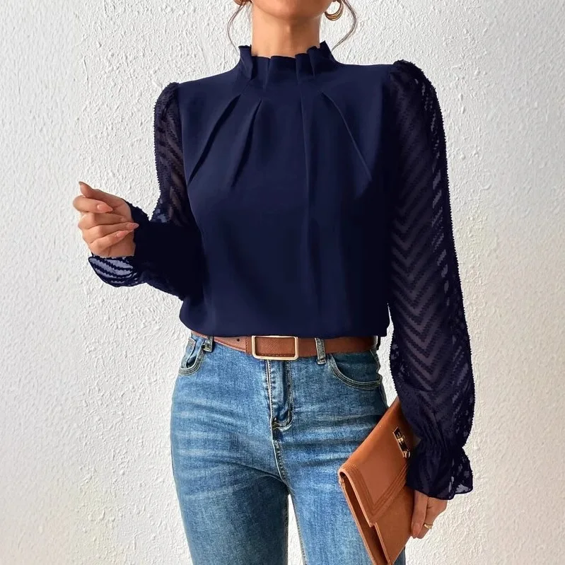 Semitransparent Top Asymmetrical Mockneck Patchwork Top Pleated Drapery Sleeve Top Insulated Wintertime Luxurious Blouse