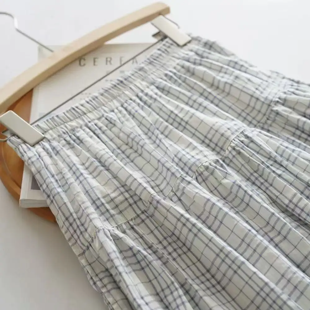 

2025 Cotton Linen Plaid Light Blue White Splicing Women's Slim Long Skirt Summer Casual