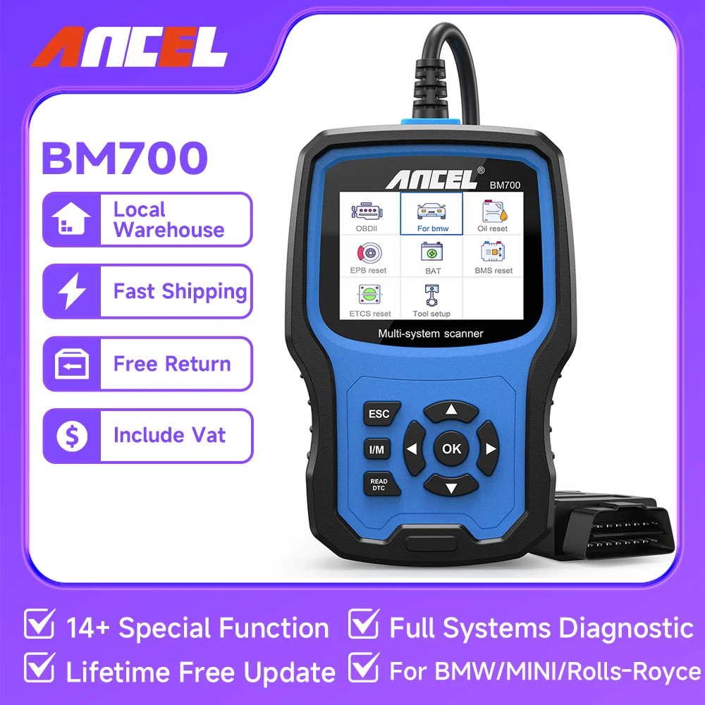 ANCEL BM700 for BMW MINI Rolls-Royce OBD2 Code Reader Oil Battery TPMS Reset Full System Car Diagnostic Tool Free Update