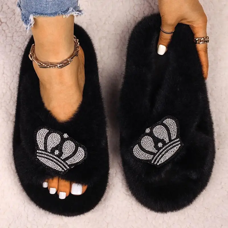 Women Winter Faux Fur Indoor Slippers Rhinestone Drilling Crown Cloth Plush Sandals Cross Strap Flats Female Furry Footwear