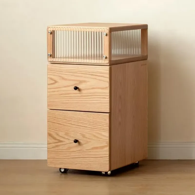 Modern Mobile Solid Oak Wood Hotel Bedroom Nightstand Fluted Glass Top 2-Drawer Slim Design Stackable Durable Wheels for