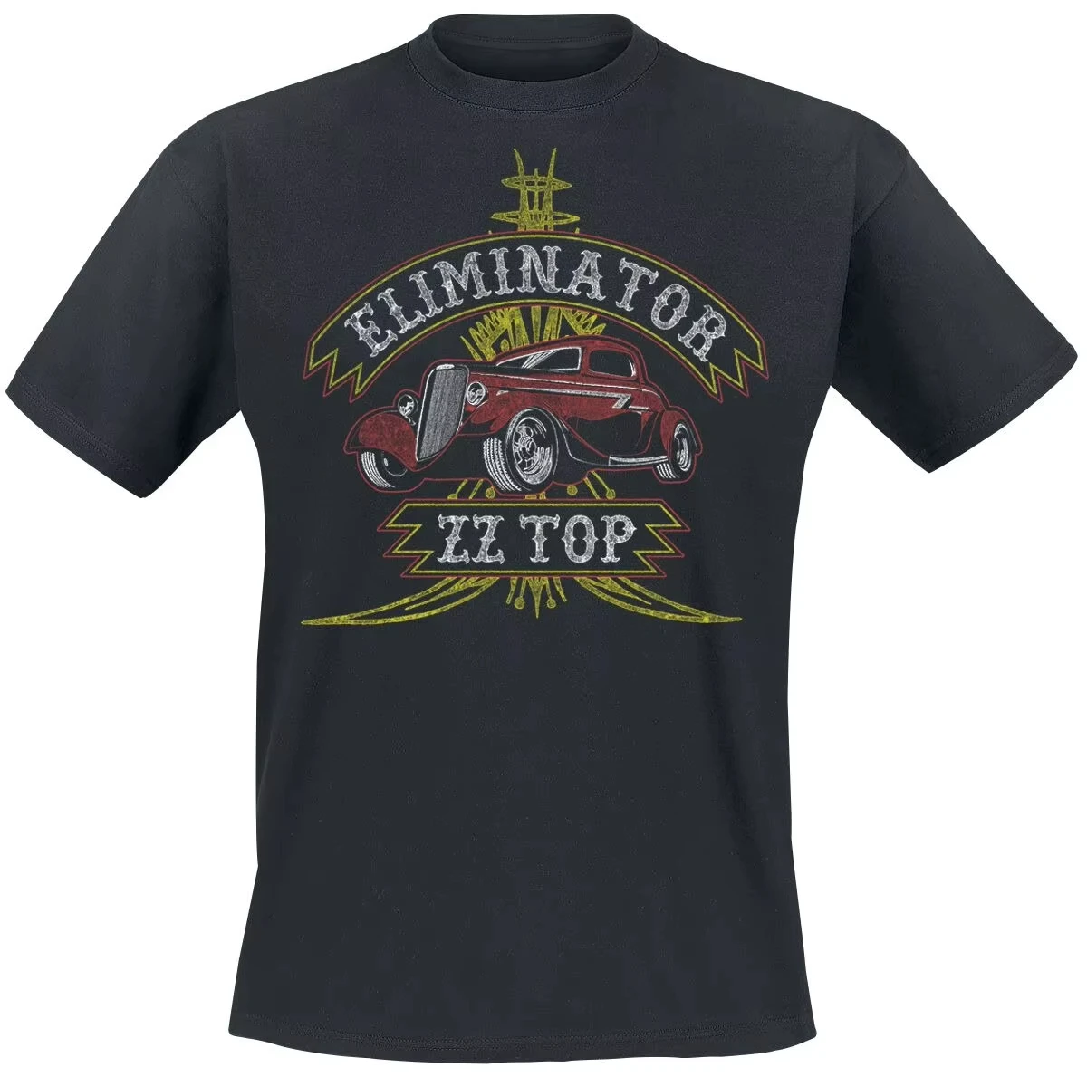 ZZ Top Eliminator Album Tee, Classic Rock T-Shirt with Distressed Banner & Hot Rod Design for Fans