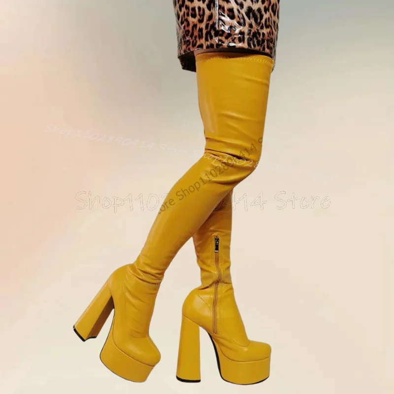 

Yellow Thigh High Round Toe Platform Boots Side Zipper Women Shoes Chunky High Heels Novel Party Feast 2024 Zapatos Para Mujere