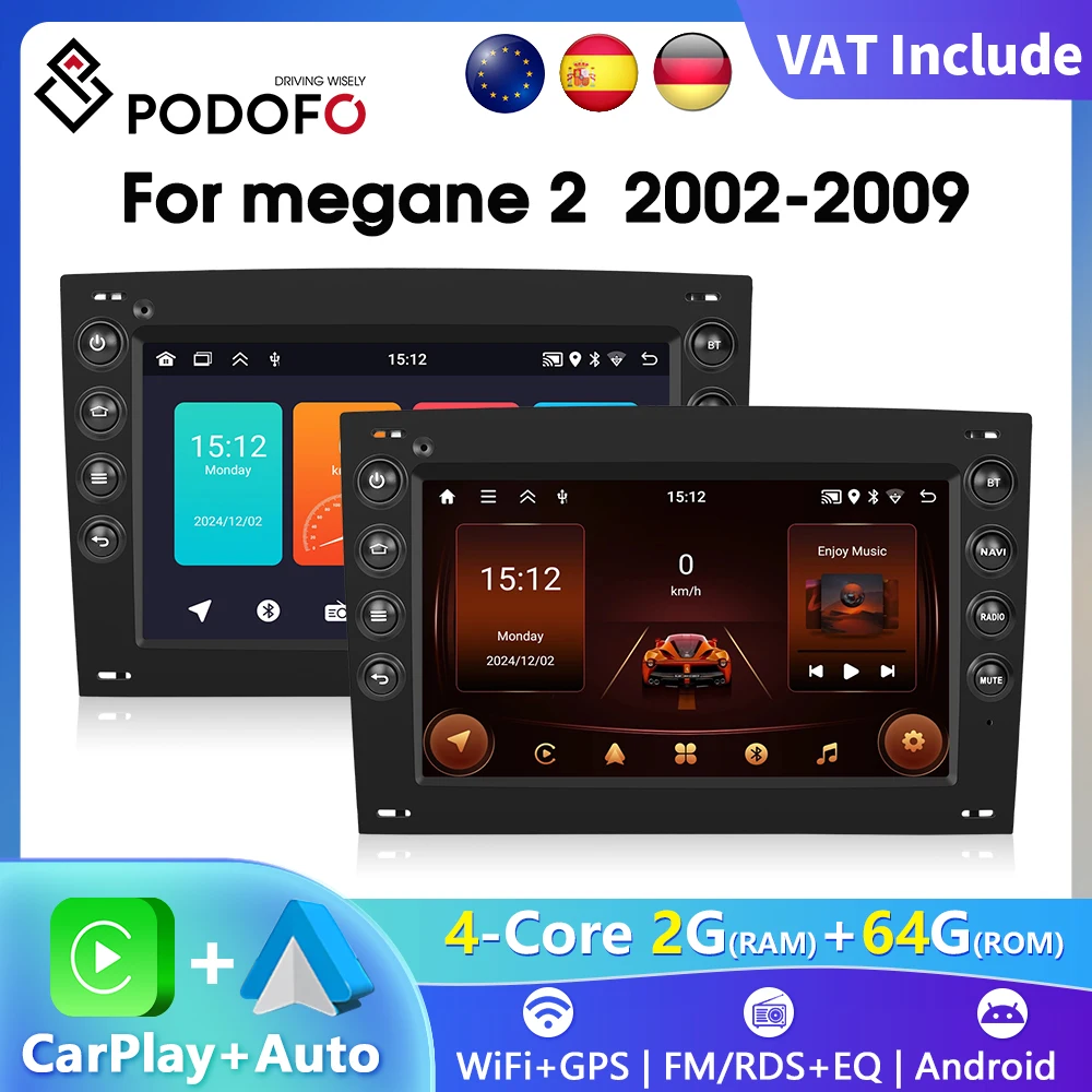 Podofo 7 "2 Din autoradio sans fil CarPlay Android Radio pour Megane 2 2002-2009 multimédia GPS FM WIFI voiture systèmes intelligents