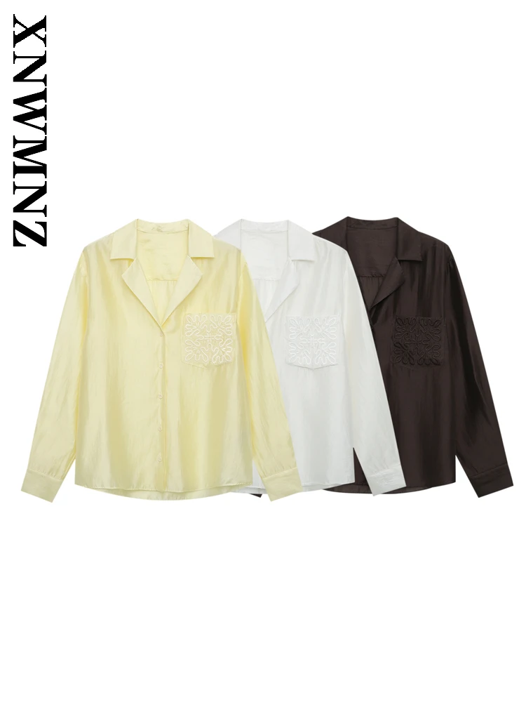 

XNWMNZ 2025 Spring New Woman's Commuting Simple Long Sleeve Notched Collar embroidery Long Sleeve Top Casual Fashion Lady Shirt