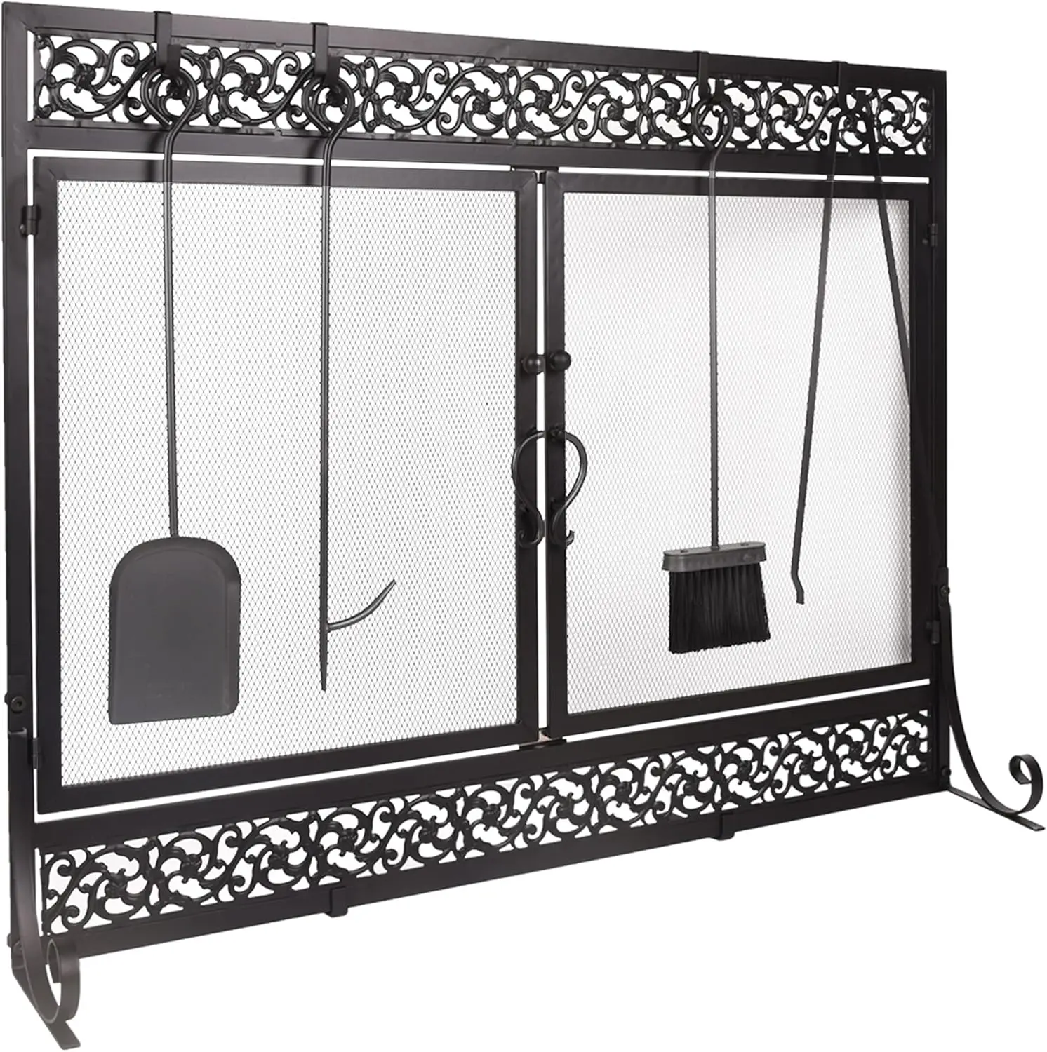 

Metal Fireplace Screen Scrollwork Black, 39 x 31 Inch Fireplace Screen,Two-Doors Large Flat Guard Screens,Baby Safe Spark Gua
