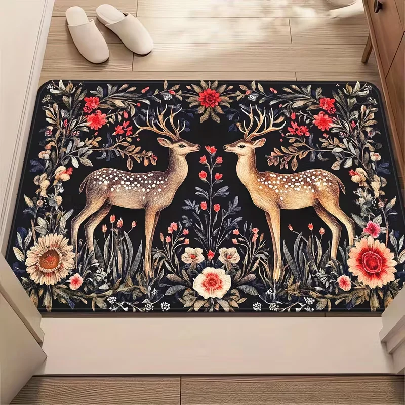 Retro Floral Two Sika Deer Door Mat Non Slip Floor Rug Vintage Botanical Wildlife Art Print Entrance Carpet For Entryway Hallway