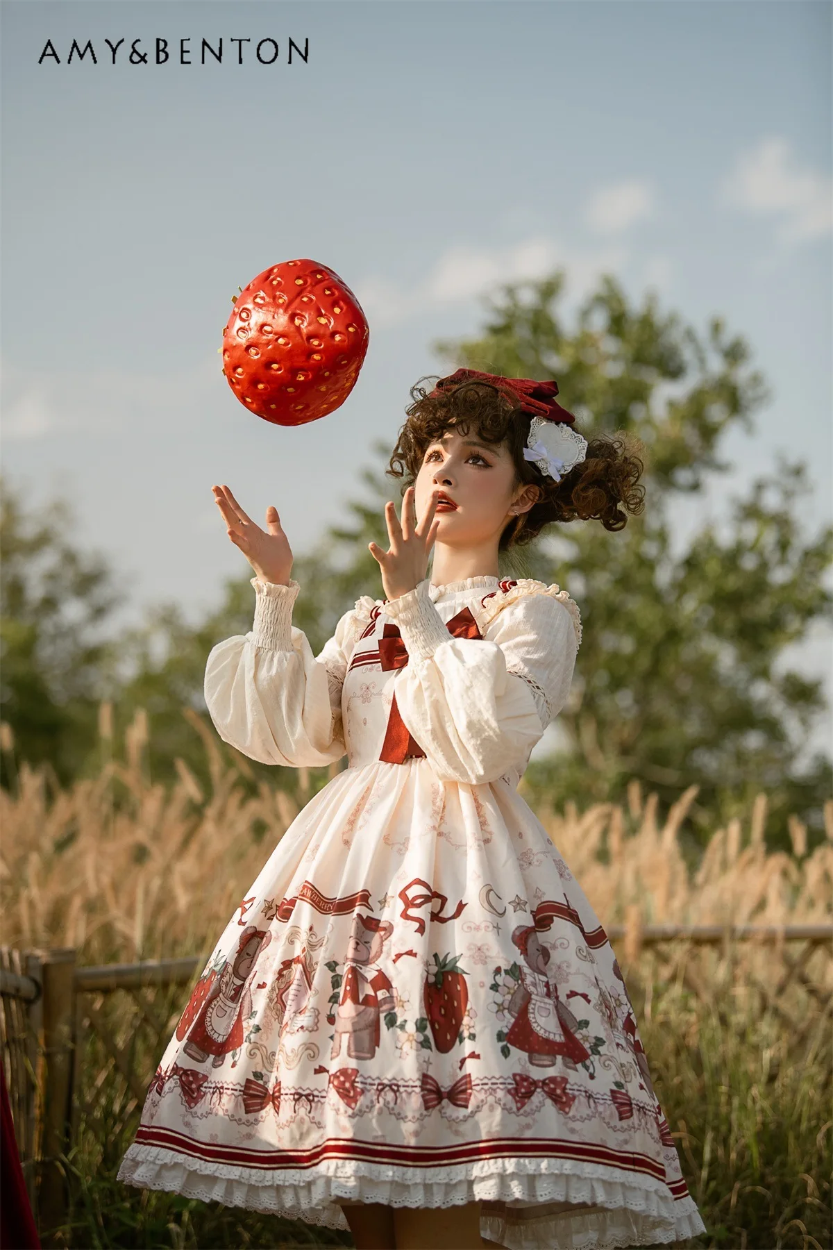 

2025 Autumn Winter Christmas New Year Lolita Two-Piece Set White Long Sleeve Versatile Top Camisole Bear Print Bow Dress