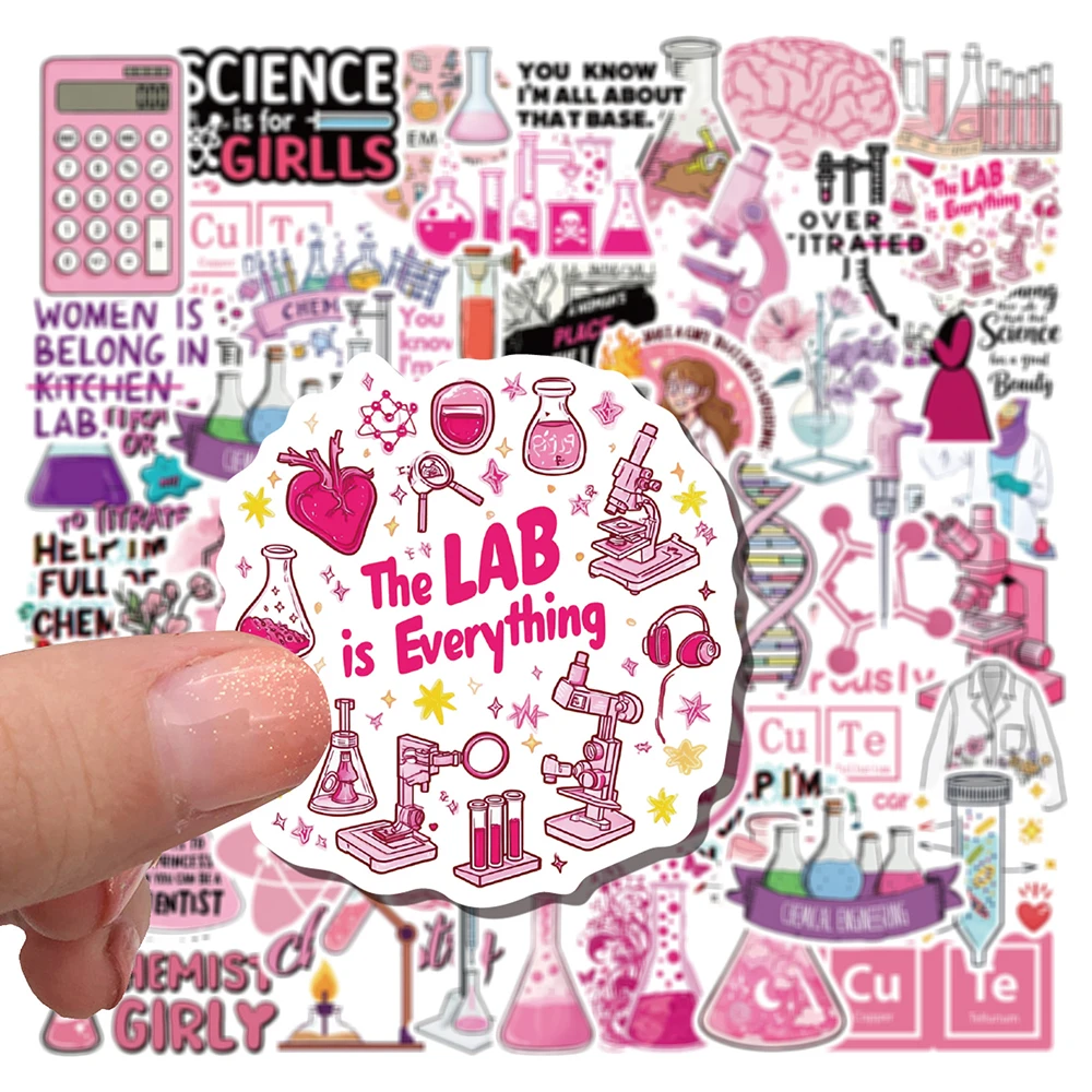 10/30/50pcs Cute Pink Science Lab Chemical Reagent Sticker Decals DIY Water Bottle Phone Suitcase Cartoon Creative Sticker Decor