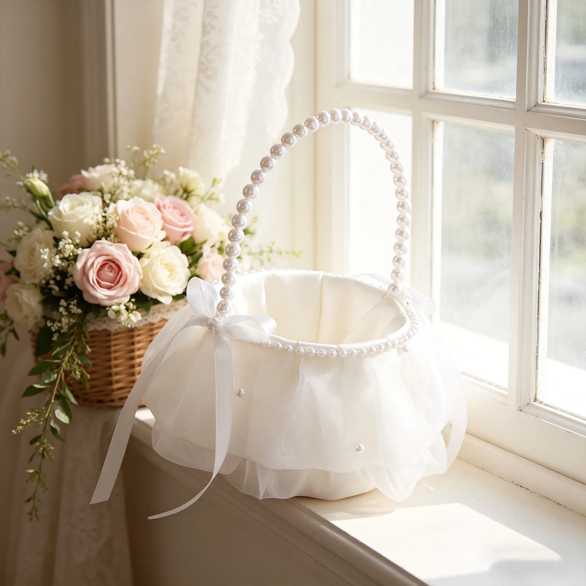 A gentle and romantic garden wedding with a shabby chic decoration and the flower baskets for the flower girls