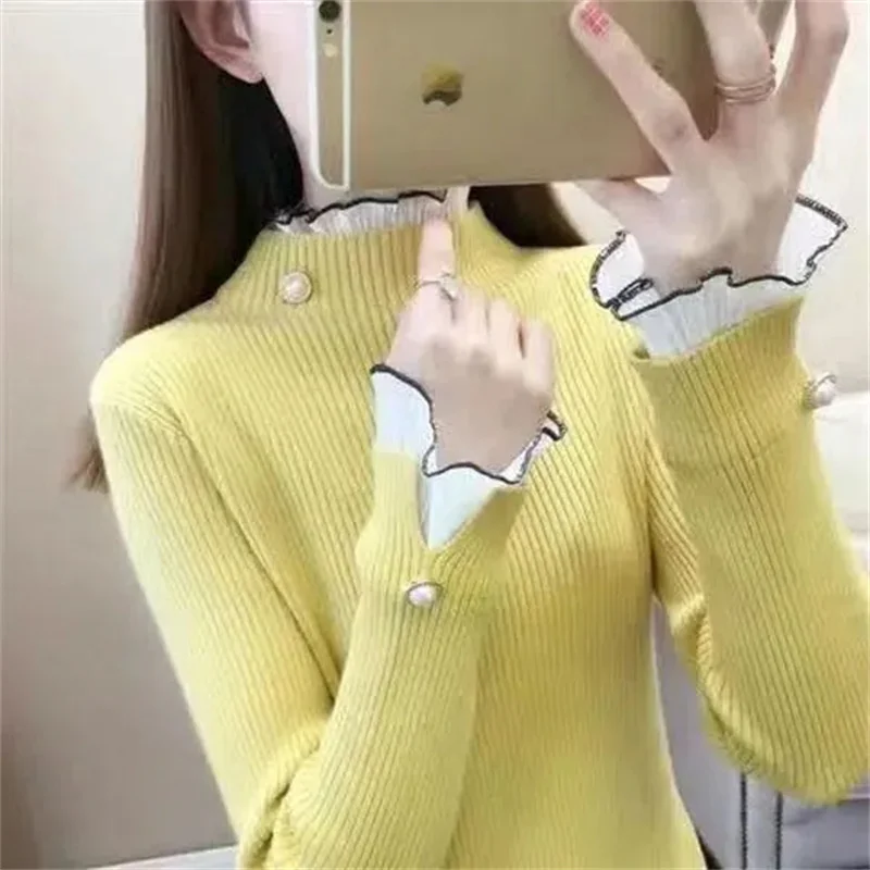 

Свитер с полувысоким воротником, женский эластичный пуловер, осень-зима 2022, новые кружевные лоскутные топы с воротником в виде листьев лотоса и грибка