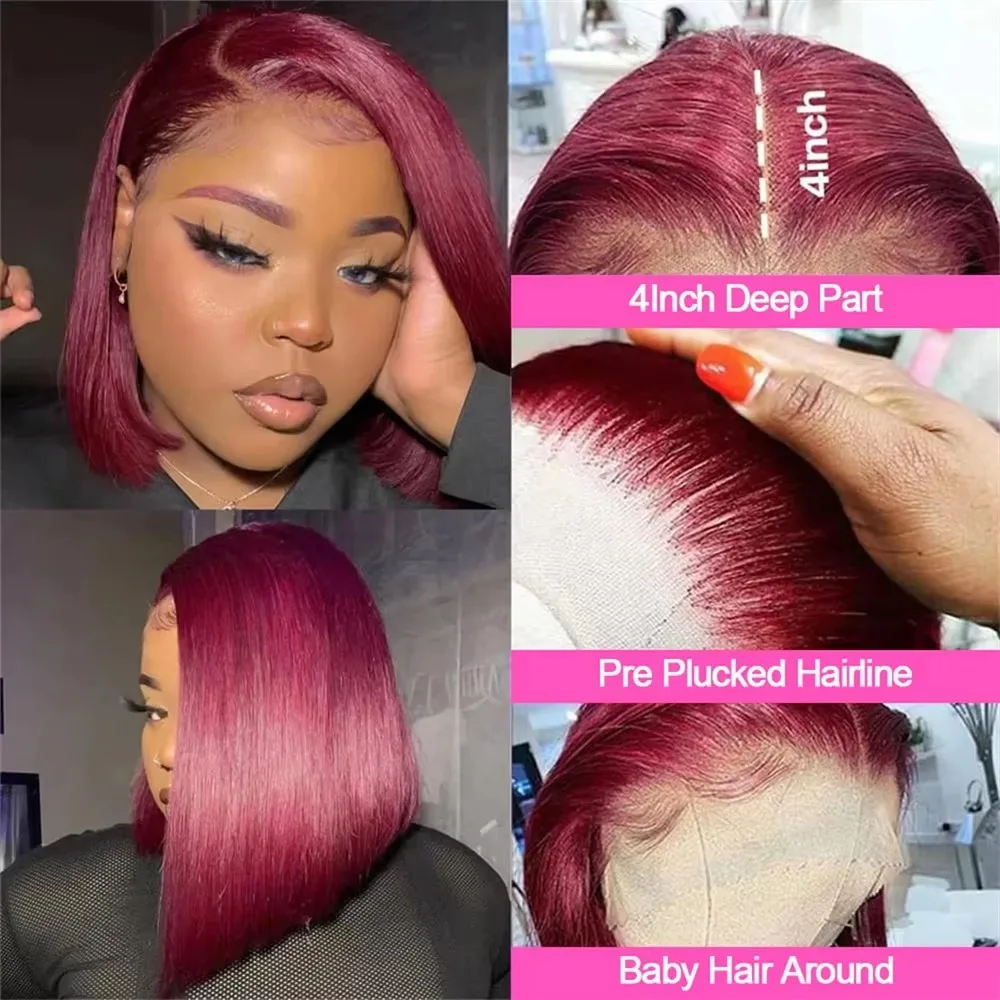 Bob Glueless HD 13x4 Synthetic Lace Front Wig 99J Red Straight Preplucked M Shaped Hairline Wear And Go Tiny Knots Wig Daily Use