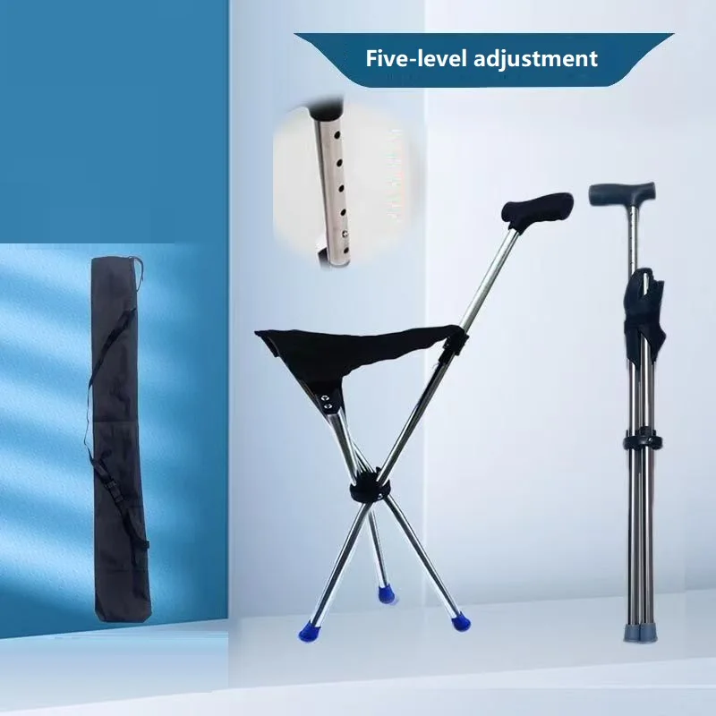 

Lightweight Foldable Cane Chair w/Seat - Senior Adjustable 3-in-1 Crutch Stool, Anti-Slip Triangle Base Outdoor Walking Aid