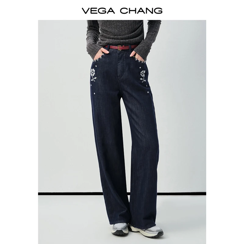 

Женские джинсы Vega Chang, новые осенние миниатюрные прямые повседневные широкие брюки с карманами и высокой талией и вышивкой
