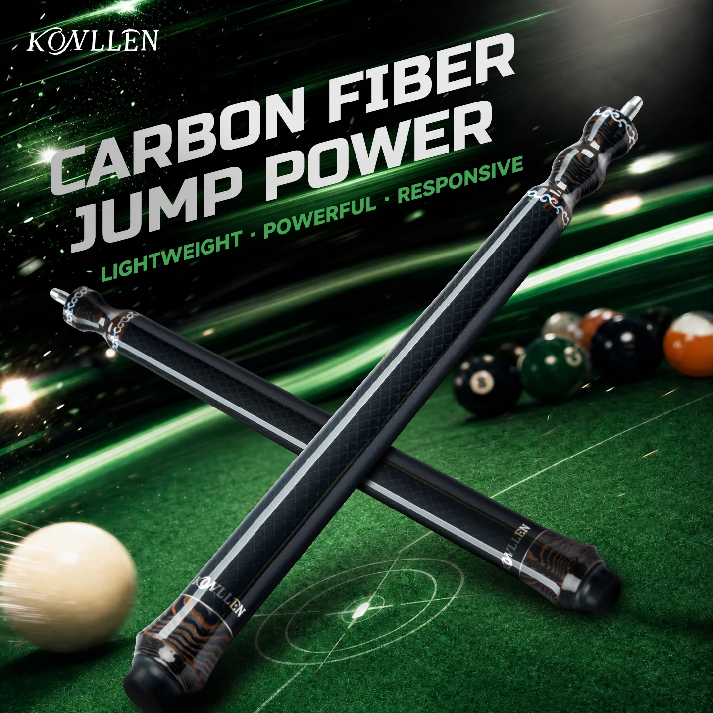 KONLLEN Carbon Fiber Jump Cue Sticker Champion's Style 13.9mm Bakelite Tip Uniloc Black Technology Low Deflection Billiard Stick