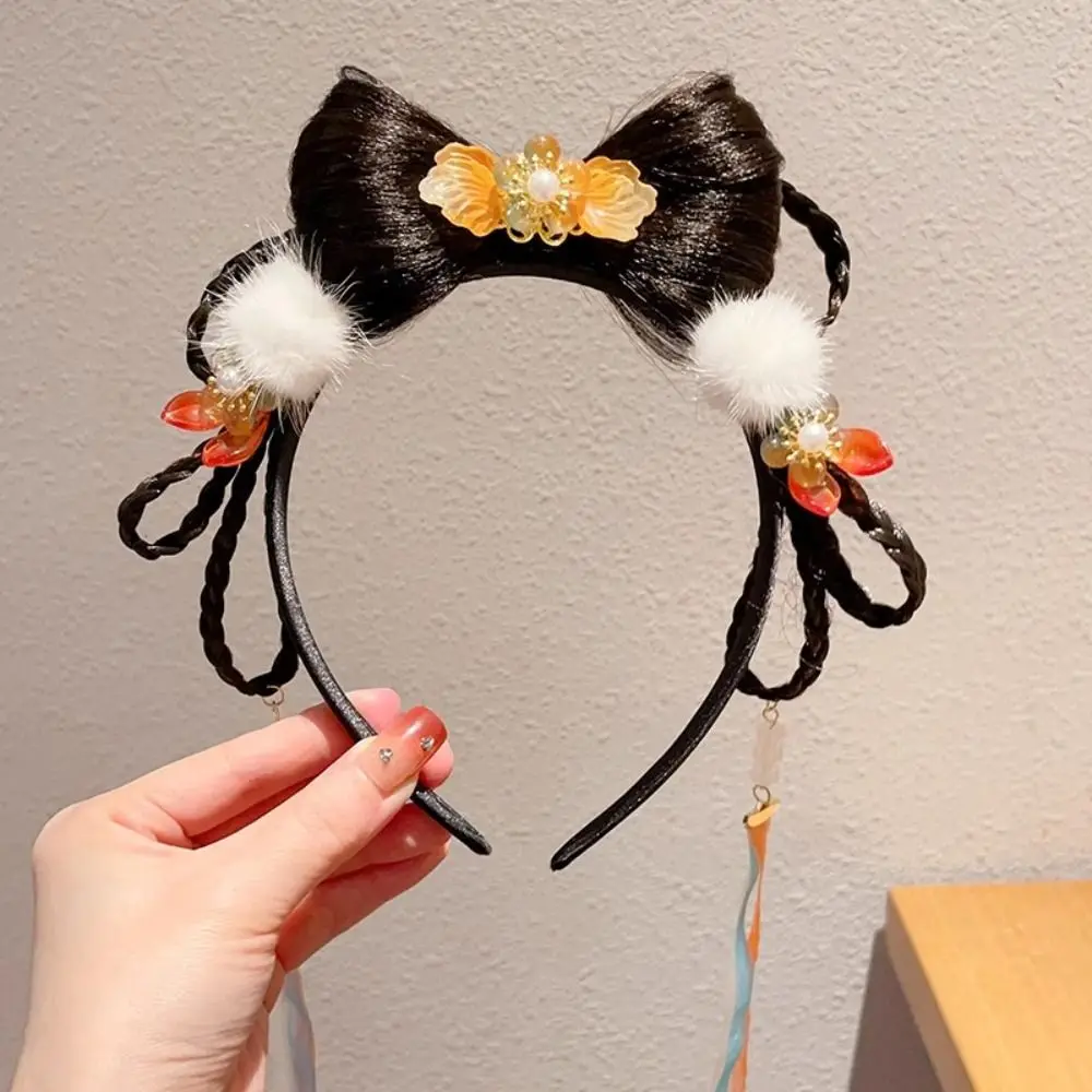 

Flower Children Wig Headband Braid Hair Tang Suit Hair Hoop Chinese New Year Headwear Ancient Style Red Bow Hairband Children