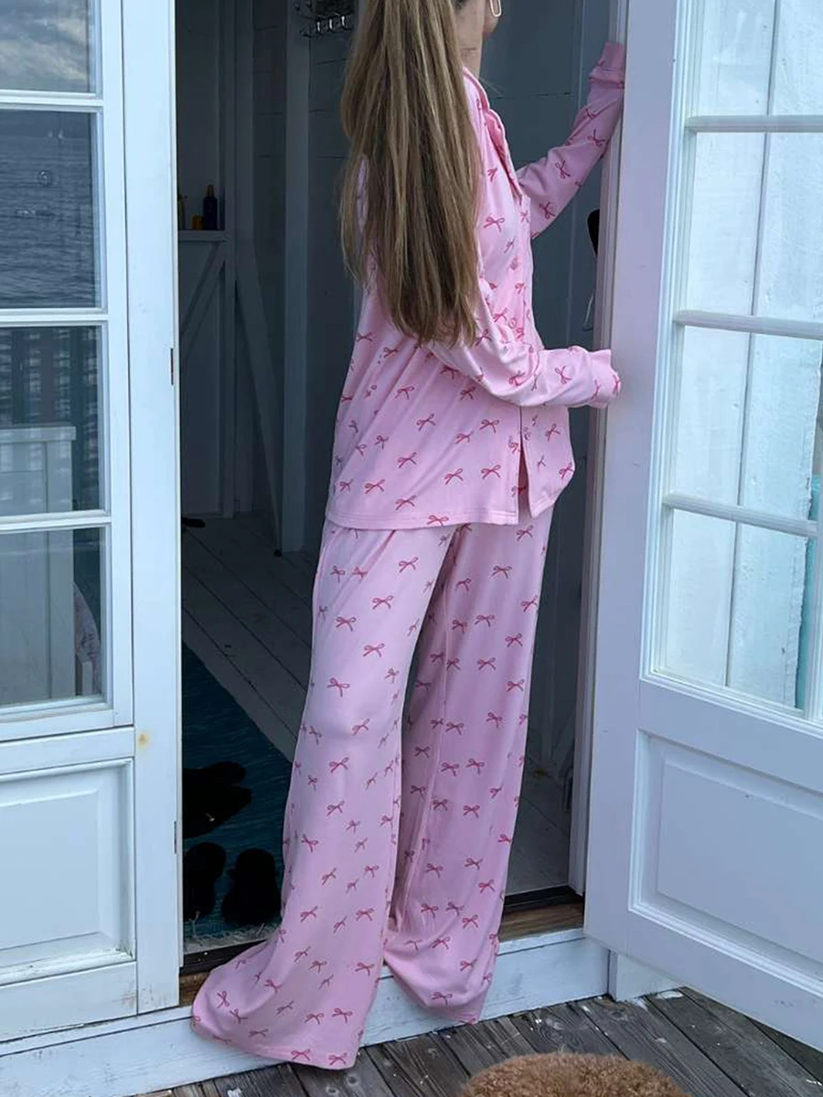 Ensemble de pyjama imprimé nœud papillon pour femme, manches longues, pantalon en Y, vêtements de nuit, vêtements de détente