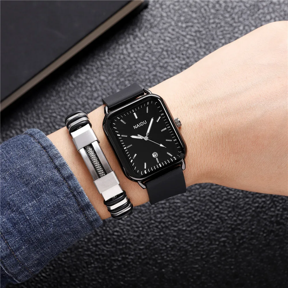 2pcs/set rectangle dial calendar quartz silicone band men watch