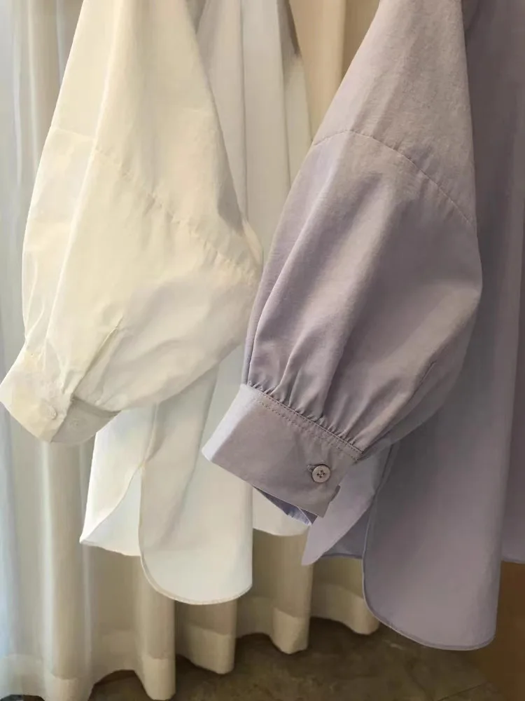 Camicia ampia a maniche lunghe con scollo tondo tinta unita casual da donna primaverile ed estiva
