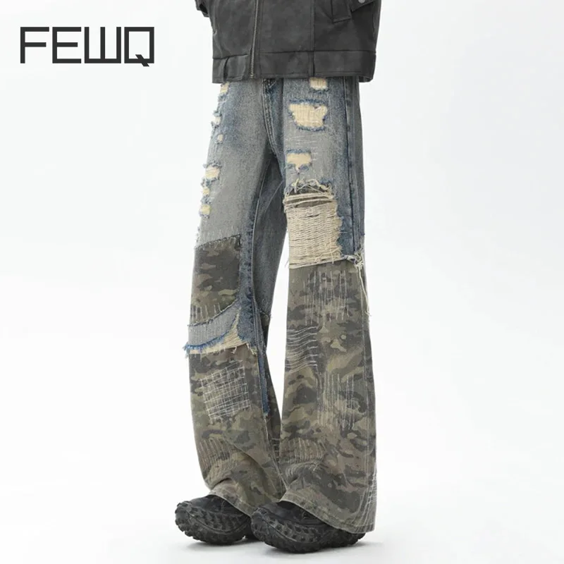 FEWQ High Street American Spliced Camouflage Micro Flared Jeans Trendy Design Straight Tube Pants Contrast Trousers 24E5357