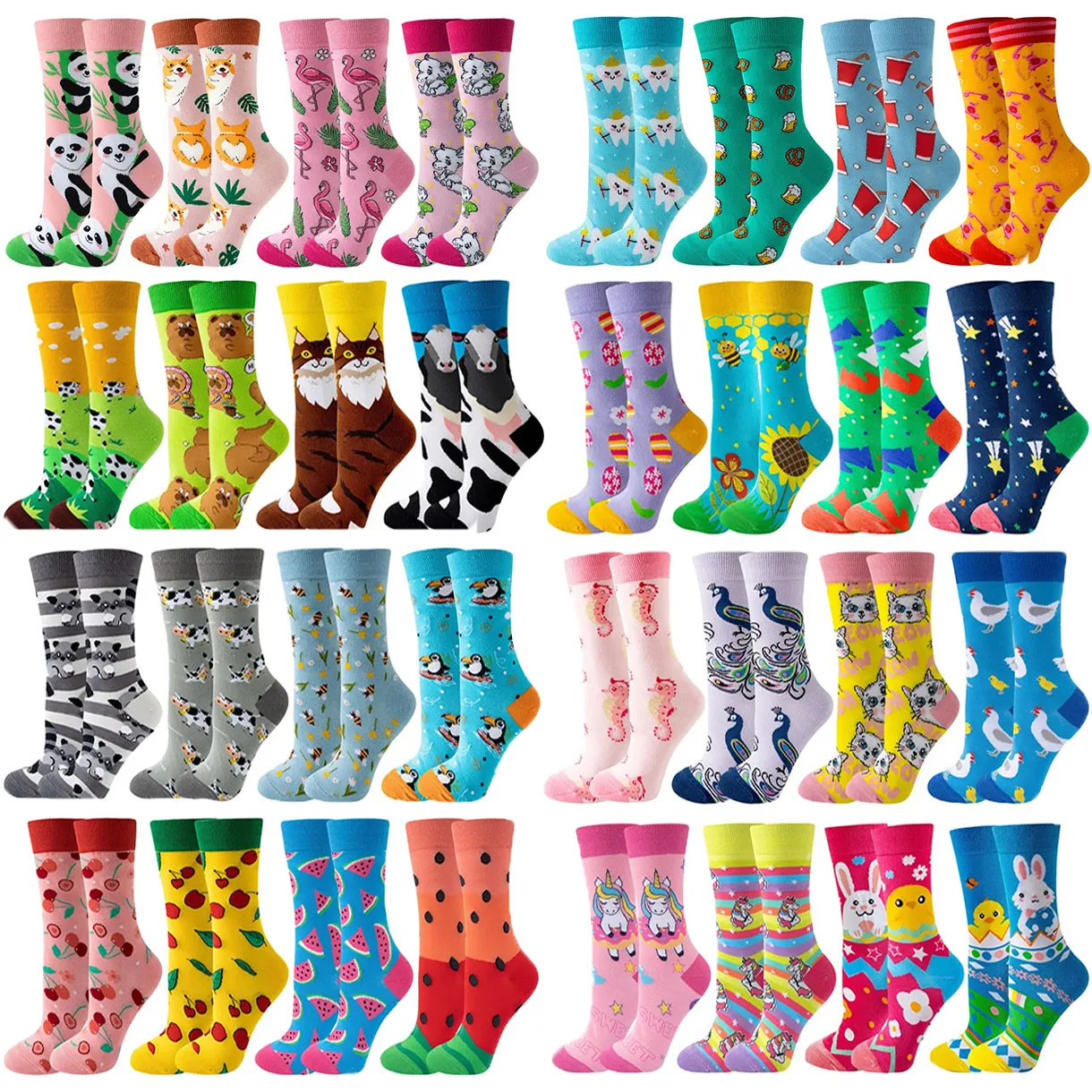 4 Pairs of Colorful Harajuku Candy Colors Mid Socks Women Cute Cartoon Cat Dog Cherry Flamingos Cotton Casual Socks