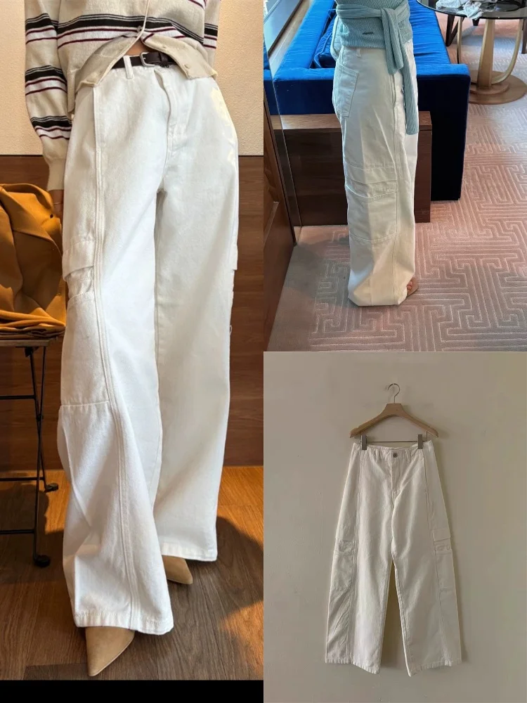 Frühling 2025, Damen-Arbeitskleidung mit weitem Bein, Sle-Jeans, Dongda Gate, einfache Passform, mehrere Kette, Design, Baumwolle, elastisch, Denim, hoch...