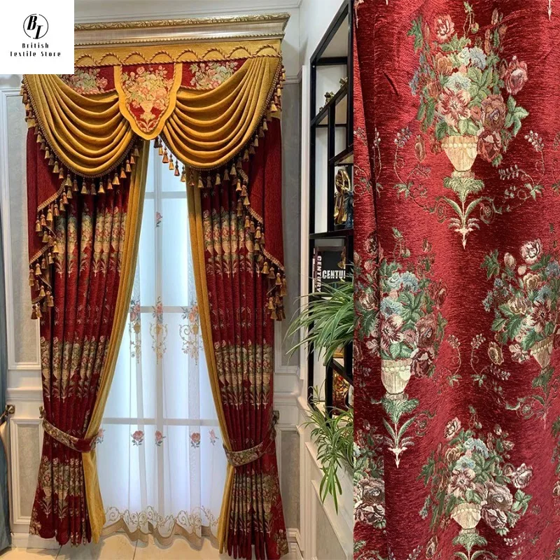 

European Chenille Thicken Blackout Red Jacquard Curtains for Living Room Bedroom Dining Luxury Classic Custom Size Valance Tulle