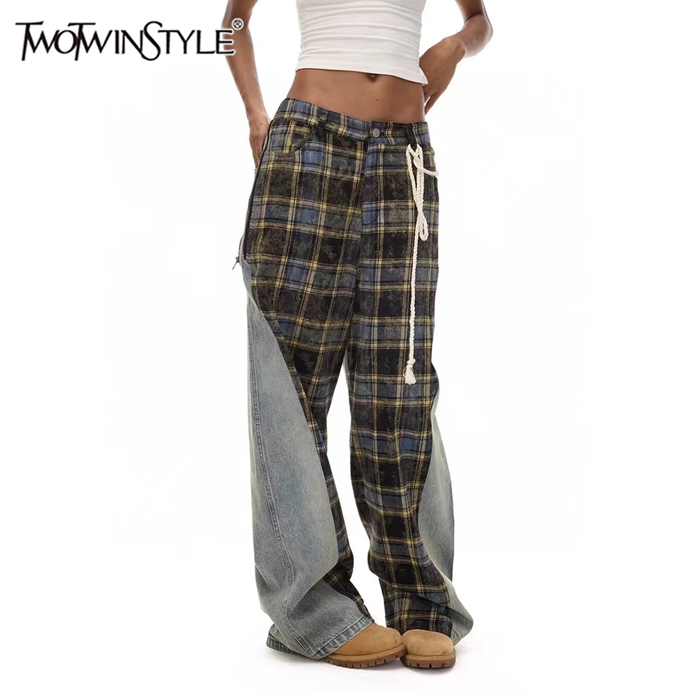 TWOTWINSTYLE, pantalones de calle con estampado empalmado de bloques de colores para mujer, pantalones con cordones de retales, ropa femenina, estilo de moda nuevo