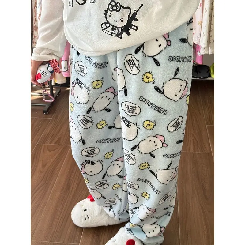

Sanrio Hello Kitty Women Y2K Pajama Pants Kawaii Cartoon Winter Sleeping Pants Flannel Sleepwear Trousers Leopard Print Homewear