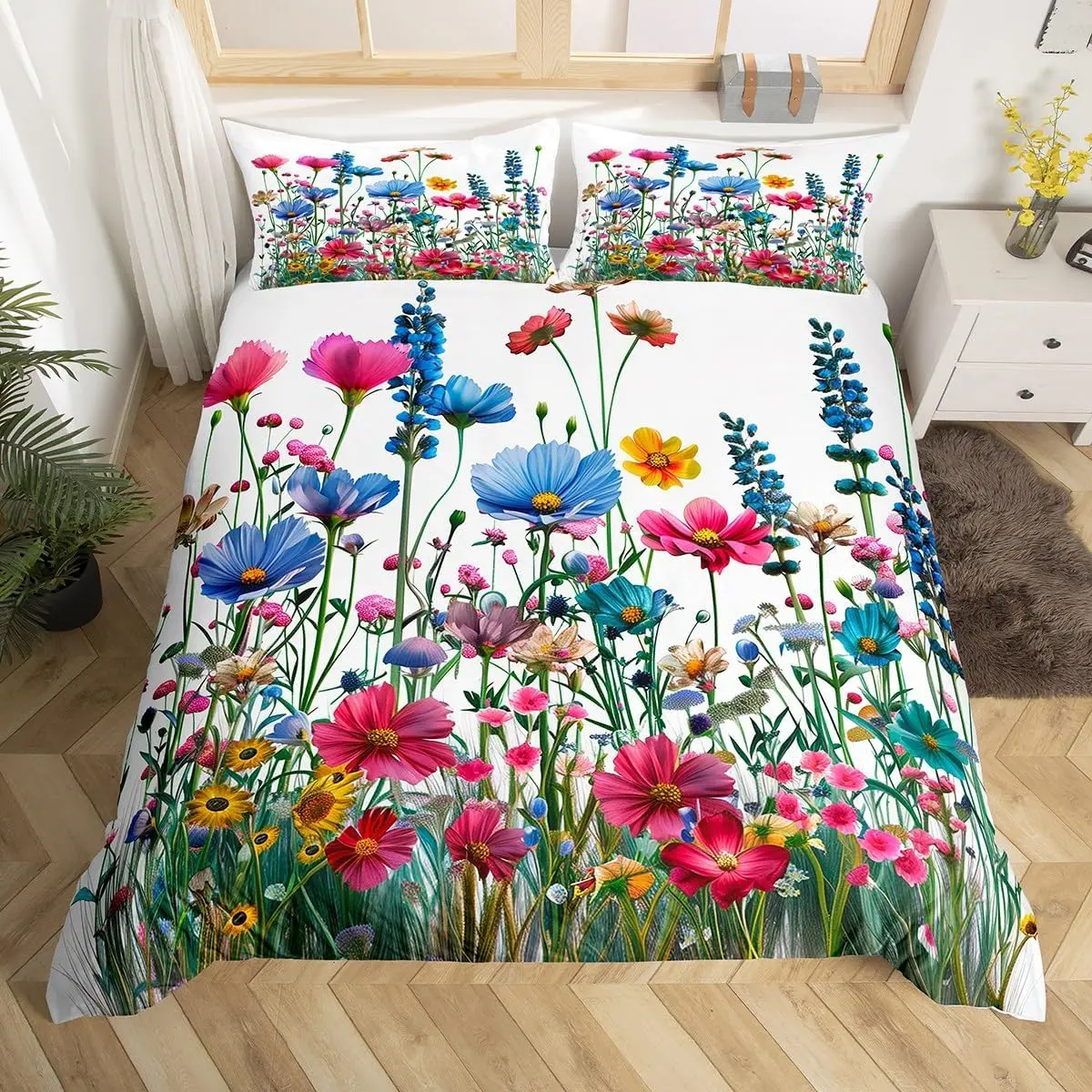 Watercolor Garden Floral Duvet Cover Set Botanical Bedding Set Spring Flowers Comforter Cover Rustic Vintage Wildflower Bed Set