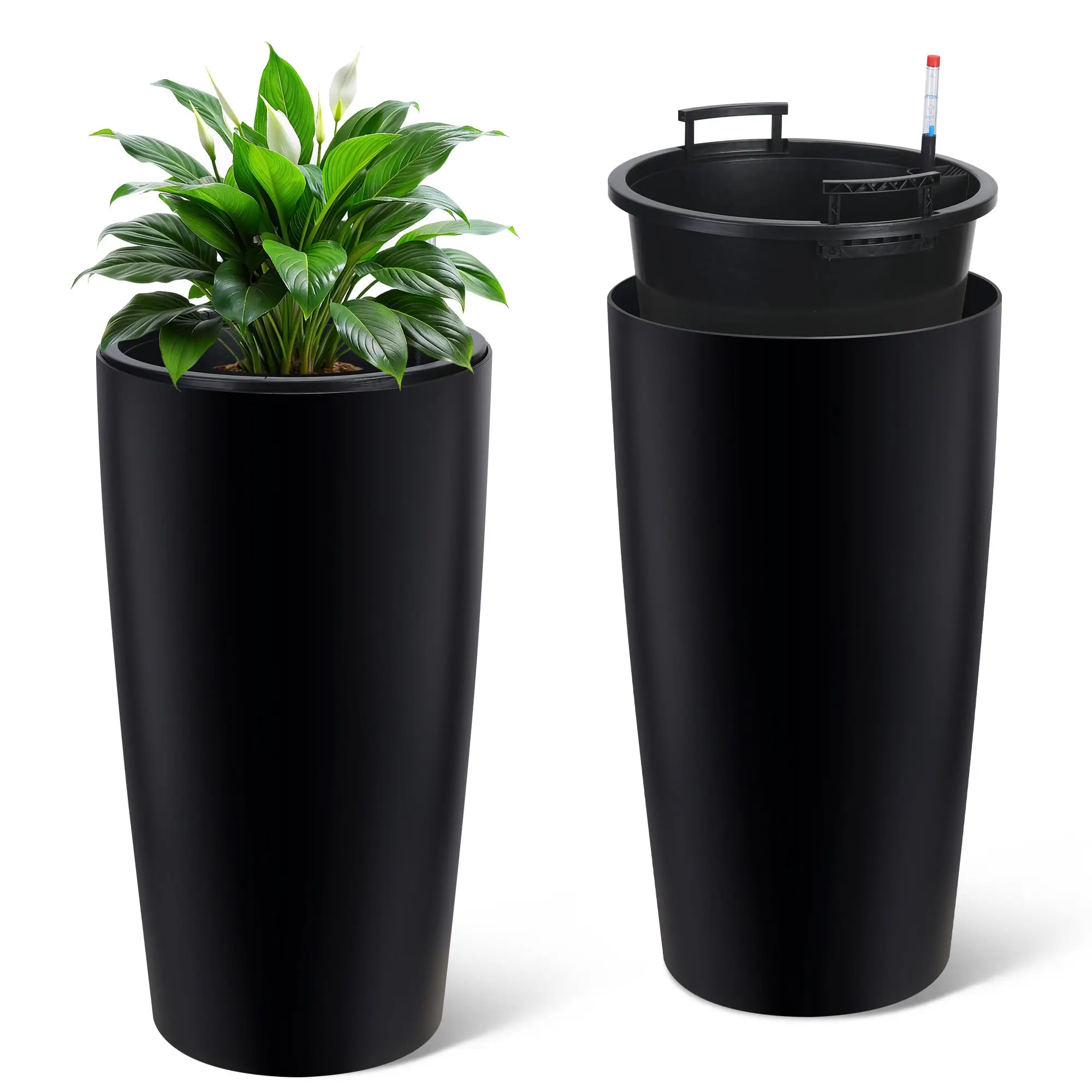 30-Zoll-Pflanzgefäß-Set mit automatischer Bewässerung, große, schwarze, dekorative Pflanzgefäße mit Wasserstandsanzeige, Innenbehälter und Drainagelöchern, automatische Bewässerungssysteme für den