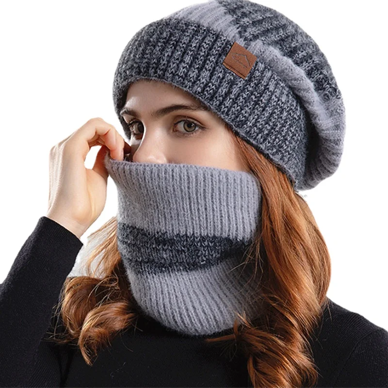 Winter Beanies Snood Sets Two Color Knitted Hat Female Casual Outdoor Balaclava Thicken Soft Warm Fur Scarf Cap Hats For Women