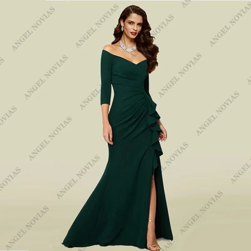 

Customized Stretchy Mother of the Bride Dresses for Weddings Party Dress Elegant Sexy Off Shoulder V Neck Fabric