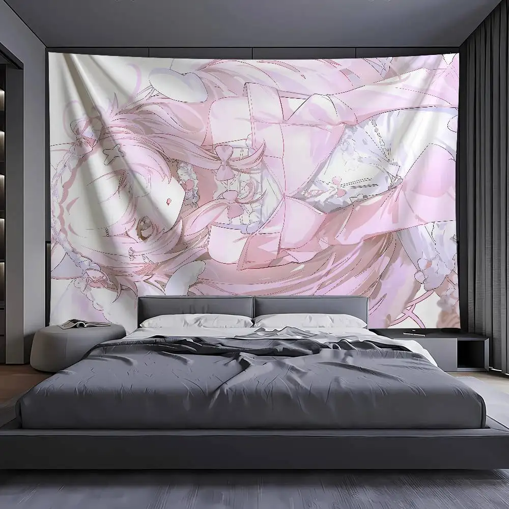 Soft Pastel Pink Neko Girl Wall Tapestry, Dreamy Sweet Lolita Anime Character With Cat Ears Illustration Wall Kawaii Decor